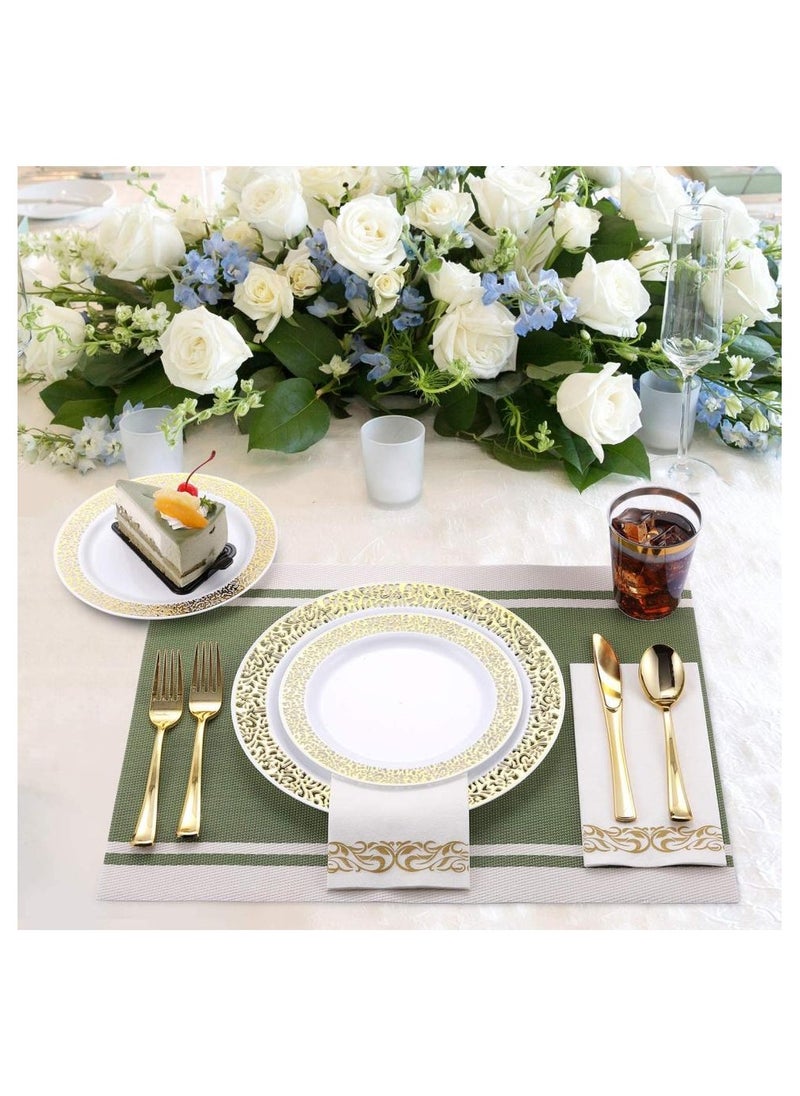 Alissa 175 Piece Gold Dinnerware Set For 25 Guest 50 Gold Lace Plastic Plates 25 Gold Plastic Silverware 25 Gold Plastic Cups 25 Linen Like Gold Paper Napkins Disposable Dinnerware Set  - Image 4