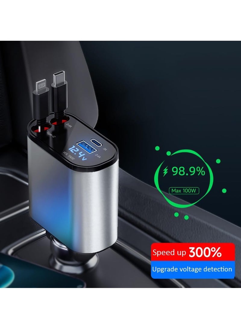 Retractable Car Charger, Fast Car Phone Charger 120W, Charger Cables for iPhone + Type C Charge Cable + USB (A+C) Ports Car Charger Adapter, Compatible with iPhone, Huawei Galaxy S23/ S22/S10 - Image 3