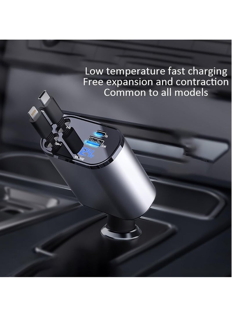Retractable Car Charger, Fast Car Phone Charger 120W, Charger Cables for iPhone + Type C Charge Cable + USB (A+C) Ports Car Charger Adapter, Compatible with iPhone, Huawei Galaxy S23/ S22/S10 - Image 2