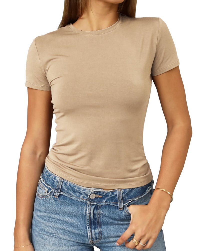 Abardsion Women's Casual Basic Going Out Crop Tops Slim Fit Short Sleeve Crew Neck Tight T Shirts 2026 (Khaki, S) - Image 1