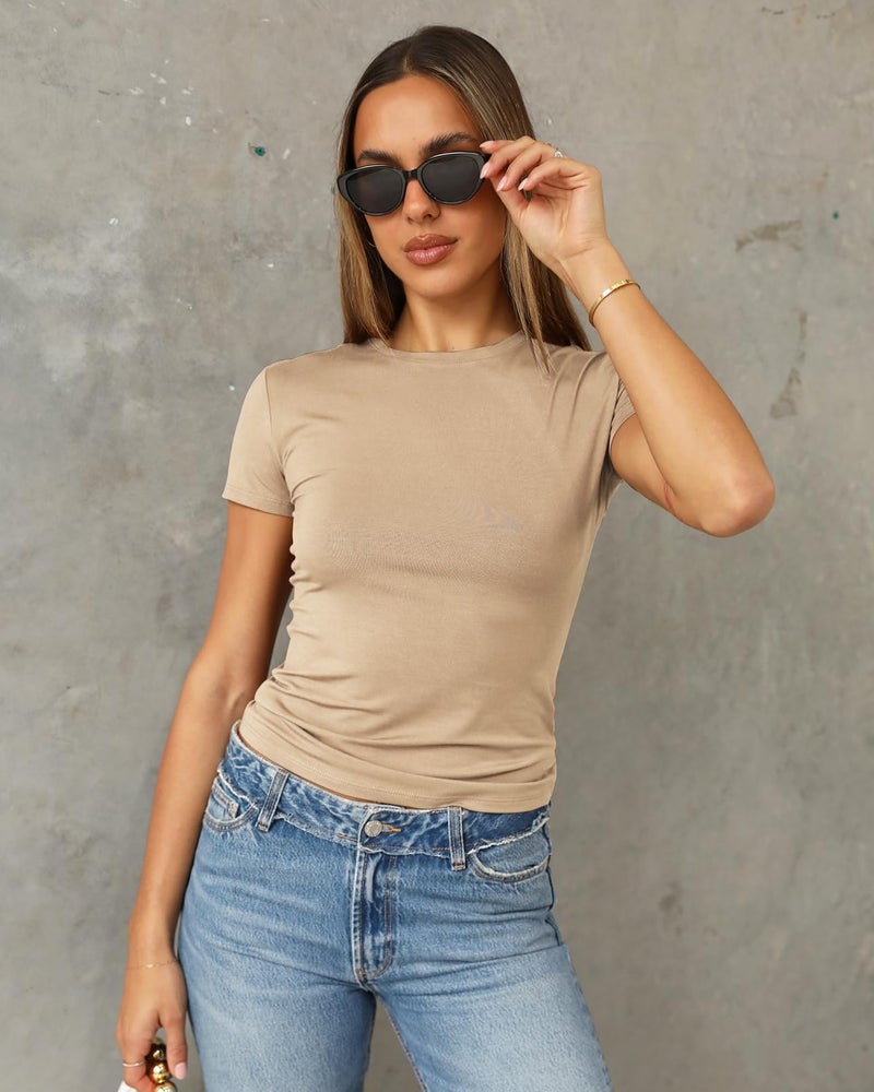 Abardsion Women's Casual Basic Going Out Crop Tops Slim Fit Short Sleeve Crew Neck Tight T Shirts 2026 (Khaki, S) - Image 2