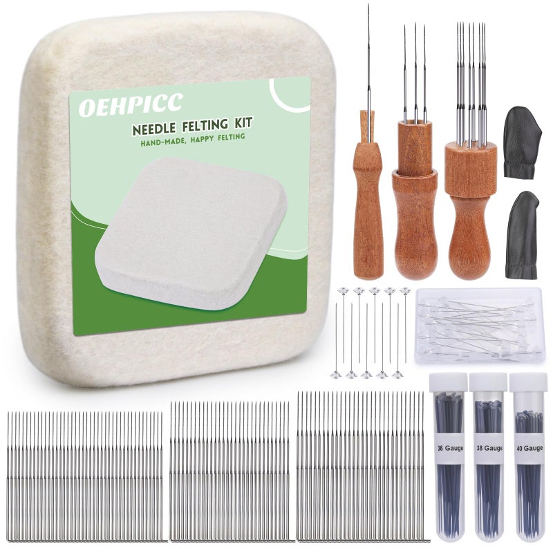 OEHPICC 128 Pcs Needle Felting Tools, 6Ã—6 Inch Wool Felting Pad, 102 Pcs Felting Needles, Felting Tools with 3 Size Wooden Handle Holder for DIY Wool Felting Projects - Image 1