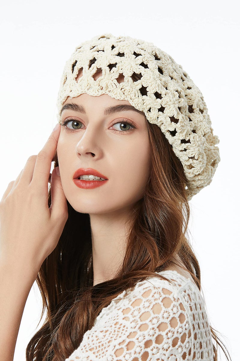 ZLYC Women Summer Knit Beret Handmade Crochet Cutout Lightweight Slouchy Hat, Beige, one Size fits Most - Image 2