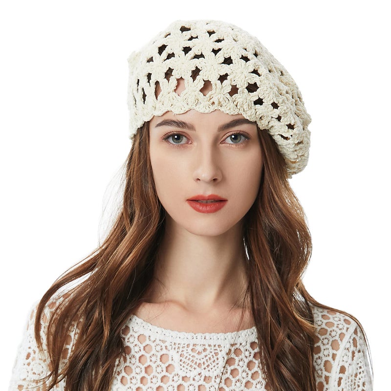 ZLYC Women Summer Knit Beret Handmade Crochet Cutout Lightweight Slouchy Hat, Beige, one Size fits Most - Image 1