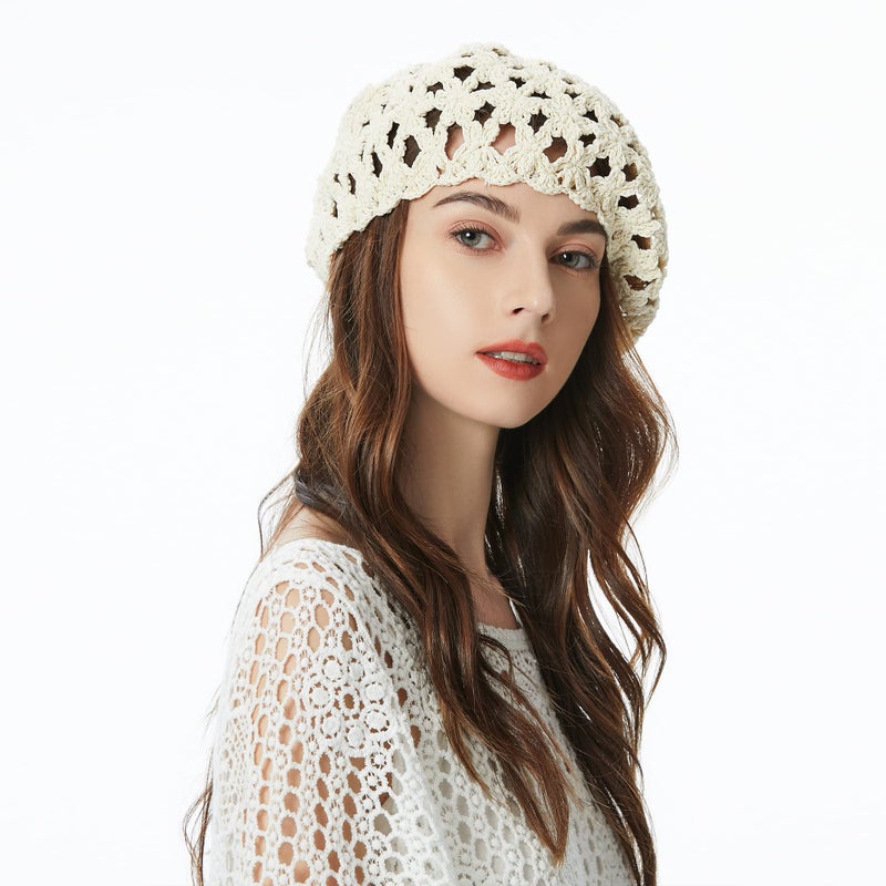 ZLYC Women Summer Knit Beret Handmade Crochet Cutout Lightweight Slouchy Hat, Beige, one Size fits Most - Image 3