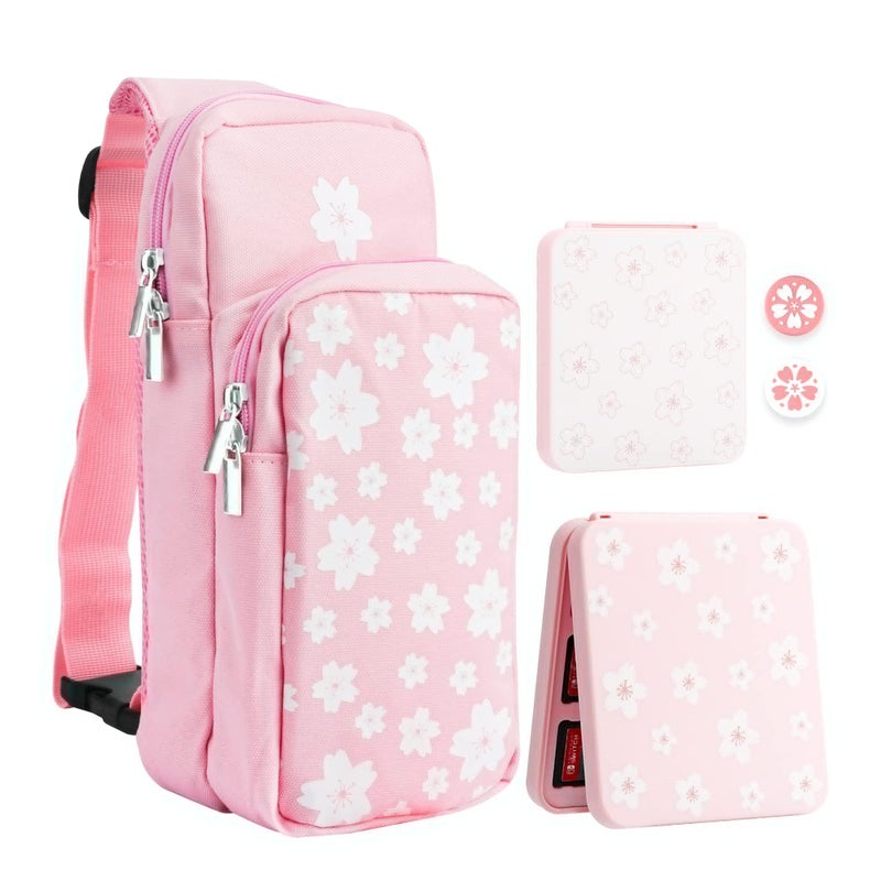 RHOTALL Pink Travel Bag for Nintendo SwitchLiteOLED2 Large Capacity Portable Carrying Case Compatible for Chest Shoulder Accessories Storage Backpack with12 Slots Game CaseThumb Grip CapsSakura - Image 2