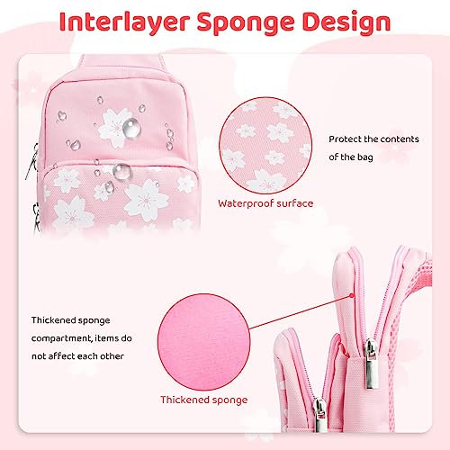 RHOTALL Pink Travel Bag for Nintendo SwitchLiteOLED2 Large Capacity Portable Carrying Case Compatible for Chest Shoulder Accessories Storage Backpack with12 Slots Game CaseThumb Grip CapsSakura - Image 3