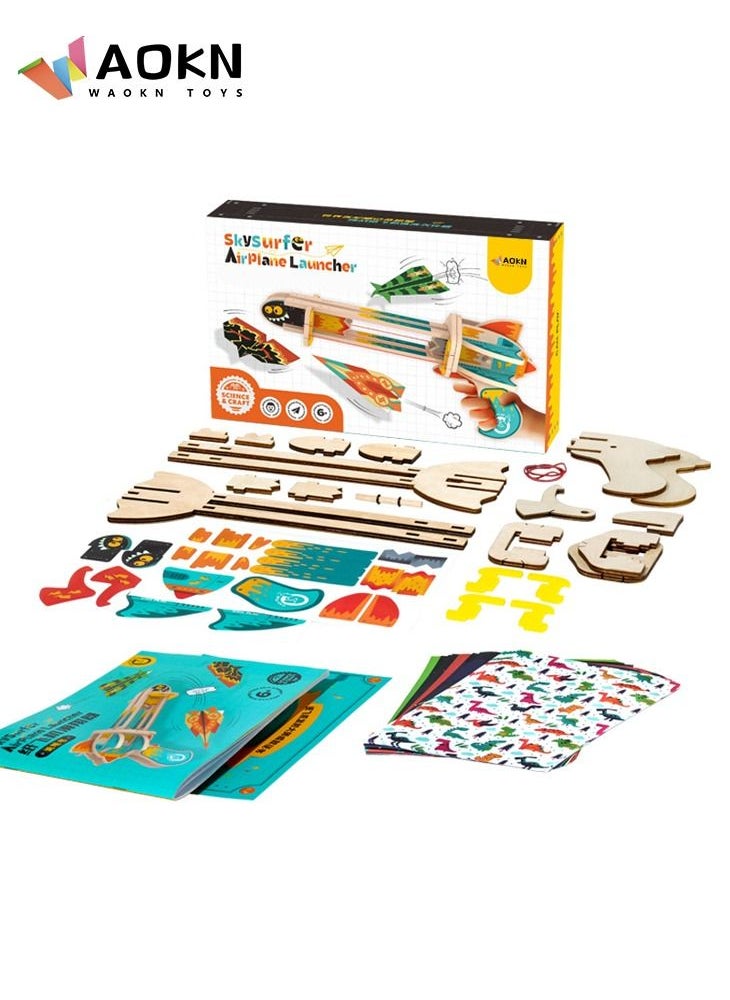 WAOKN - 3d Wooden Puzzle Paper Airplane Launcher Creative Toy for Kids One-click Paper Airplane Catapult with a 3D Puzzle Launcher and 40 Paper Airplane - Image 1