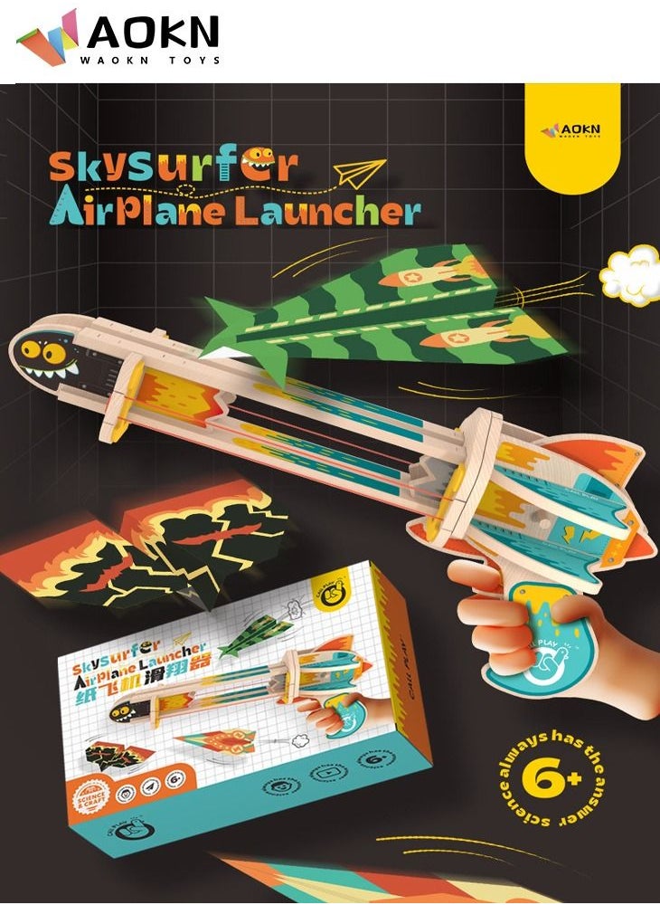 WAOKN - 3d Wooden Puzzle Paper Airplane Launcher Creative Toy for Kids One-click Paper Airplane Catapult with a 3D Puzzle Launcher and 40 Paper Airplane - Image 1