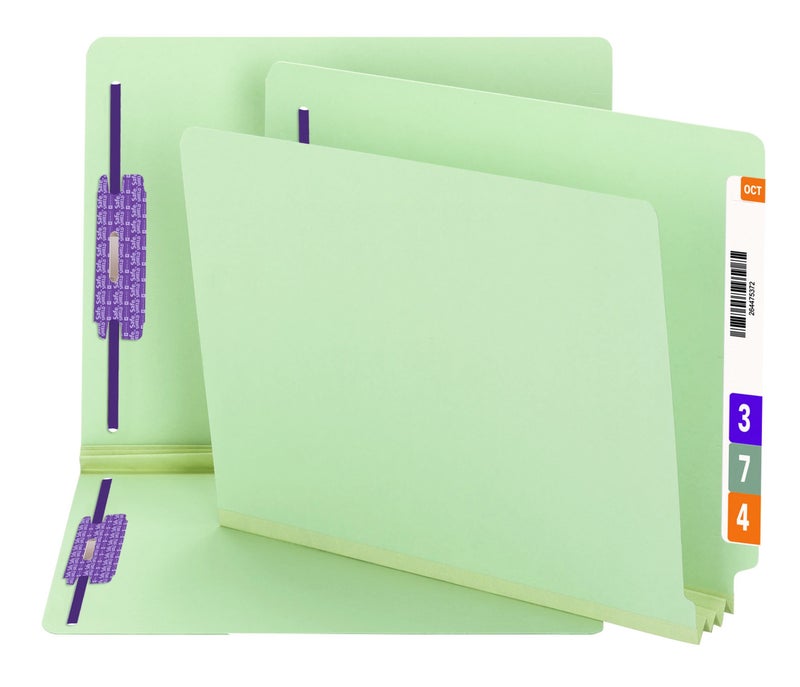 Smead End Tab Pressboard Fastener File Folder with SafeSHIELD Fasteners, 2 Fasteners, 3" Expansion, Letter Size, Gray/Green, 25 per Box (34725) - Image 1