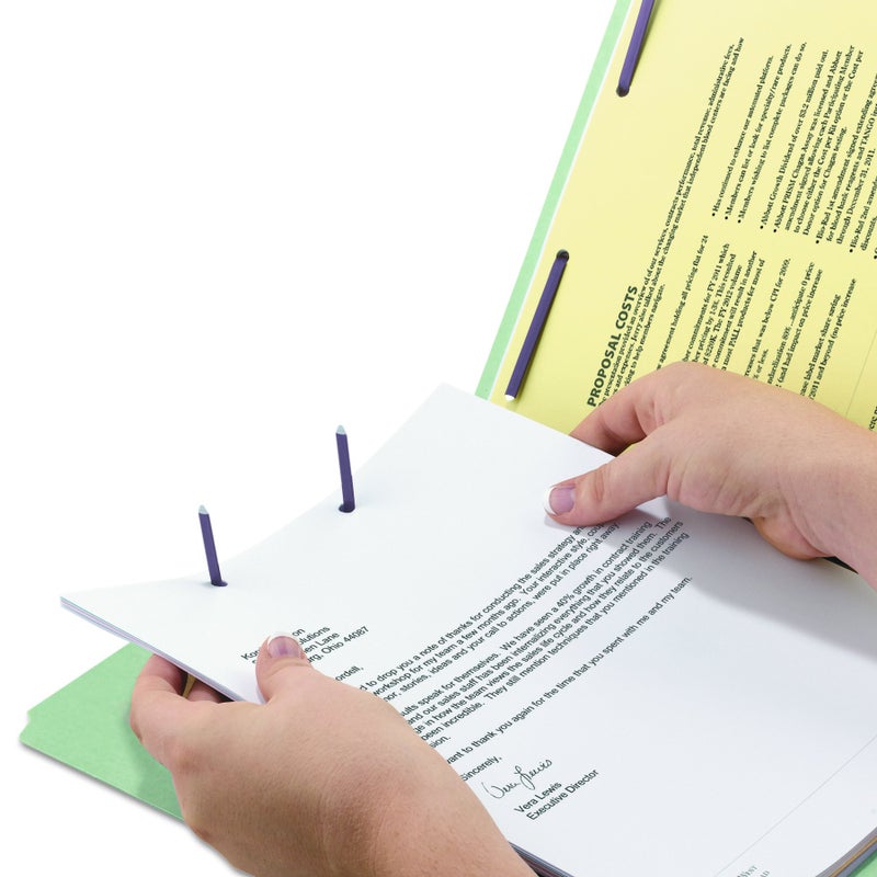 Smead End Tab Pressboard Fastener File Folder with SafeSHIELD Fasteners, 2 Fasteners, 3" Expansion, Letter Size, Gray/Green, 25 per Box (34725) - Image 2