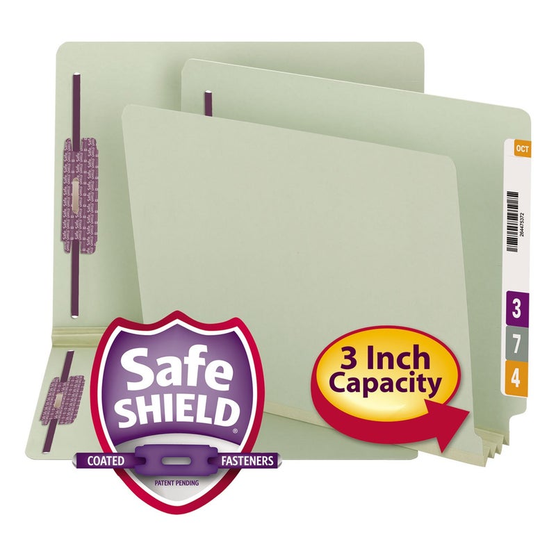 Smead End Tab Pressboard Fastener File Folder with SafeSHIELD Fasteners, 2 Fasteners, 3" Expansion, Letter Size, Gray/Green, 25 per Box (34725) - Image 1
