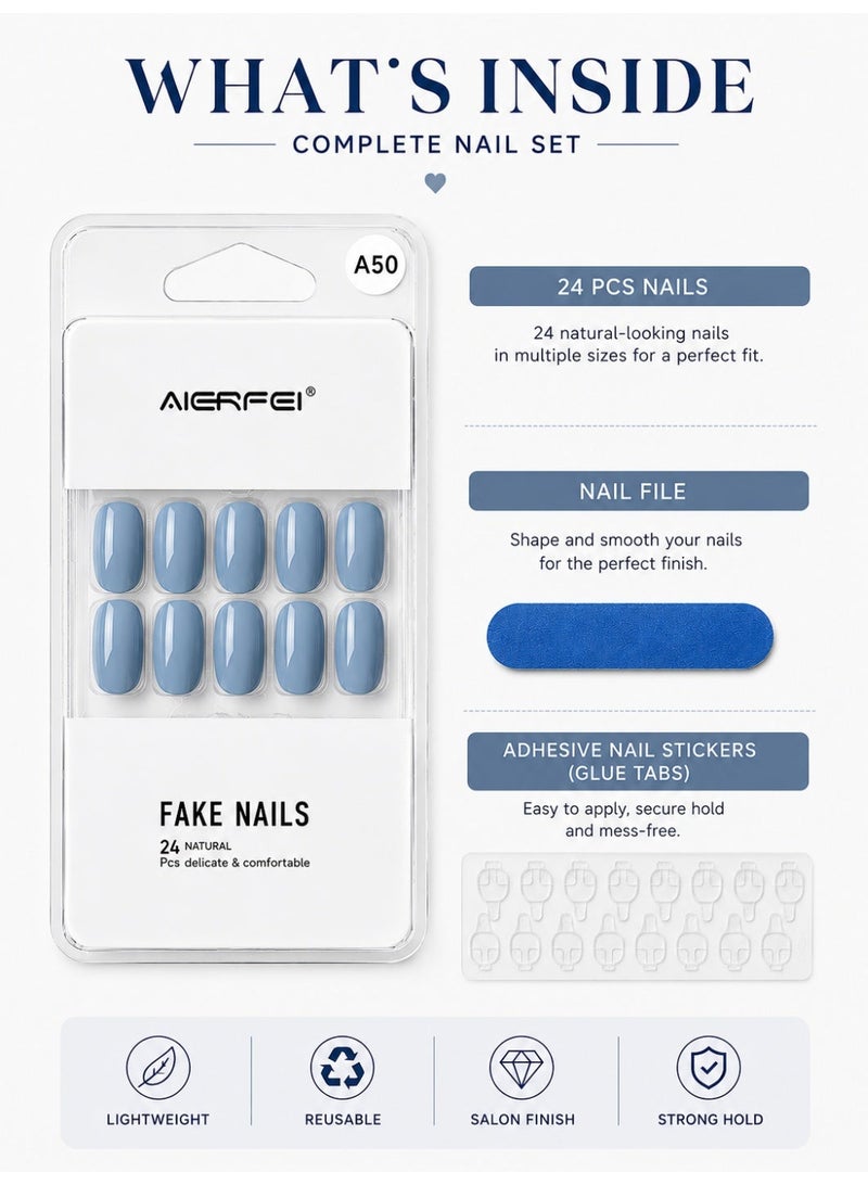 AIERFEI Premium Sky Blue Glossy Press On Nails – 24 Pcs Reusable Fake Nails Set for Women, Short Oval Full Cover Artificial Nails with Comfortable Fit for Daily Wear & Parties - Image 4