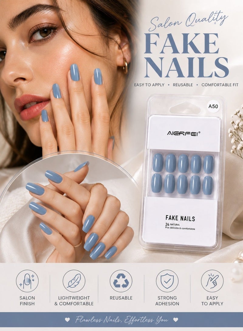 AIERFEI Premium Sky Blue Glossy Press On Nails – 24 Pcs Reusable Fake Nails Set for Women, Short Oval Full Cover Artificial Nails with Comfortable Fit for Daily Wear & Parties - Image 2