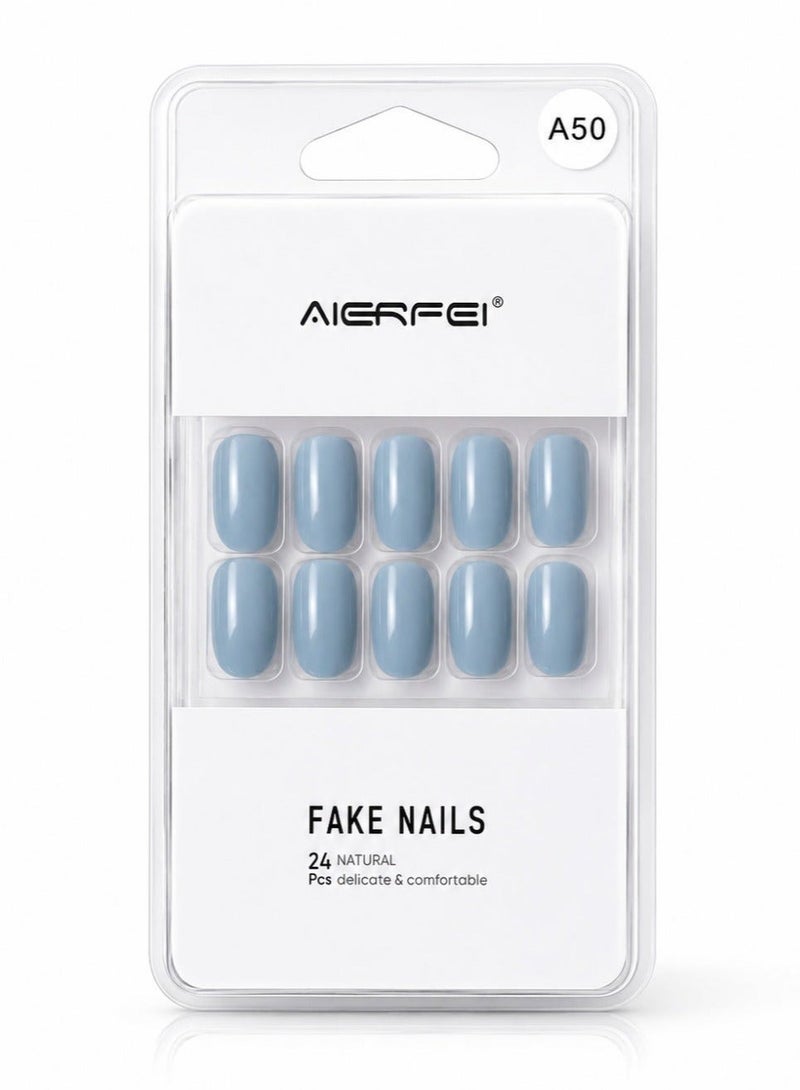 AIERFEI Premium Sky Blue Glossy Press On Nails – 24 Pcs Reusable Fake Nails Set for Women, Short Oval Full Cover Artificial Nails with Comfortable Fit for Daily Wear & Parties - Image 3