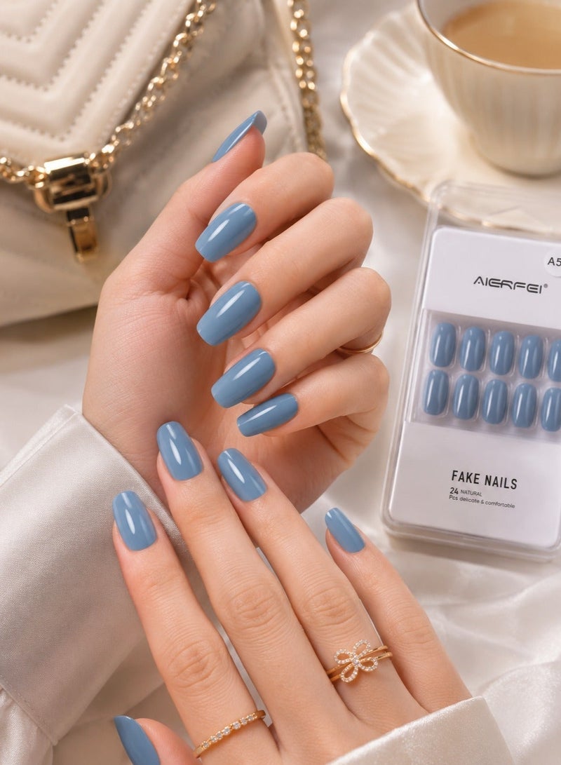 AIERFEI Premium Sky Blue Glossy Press On Nails – 24 Pcs Reusable Fake Nails Set for Women, Short Oval Full Cover Artificial Nails with Comfortable Fit for Daily Wear & Parties - Image 1