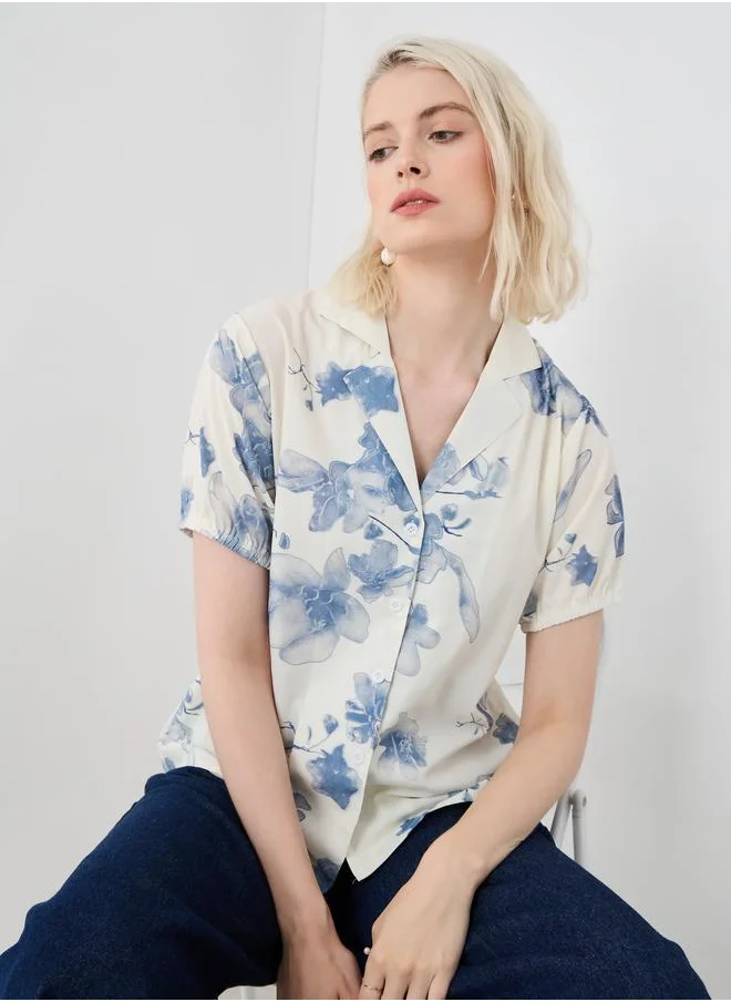 Take Two Take Two Floral Print Notch Label Neck Shirt
