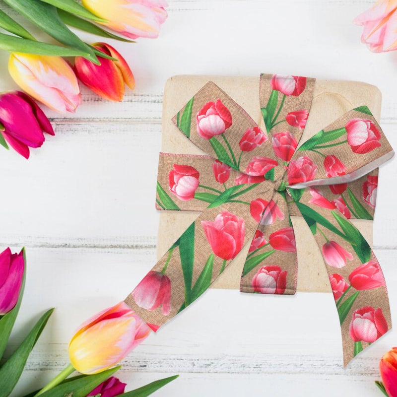 Threetols 2 Rolls 10 Yards Floral Wired Edge Ribbon, 2.5inch Pink Tulip Burlap Ribbon, Pink Green Stripe Gift Wrapping Ribbon for Farmhouse Party DIY Craft Spring Wreaths Bow Decoration - Image 3