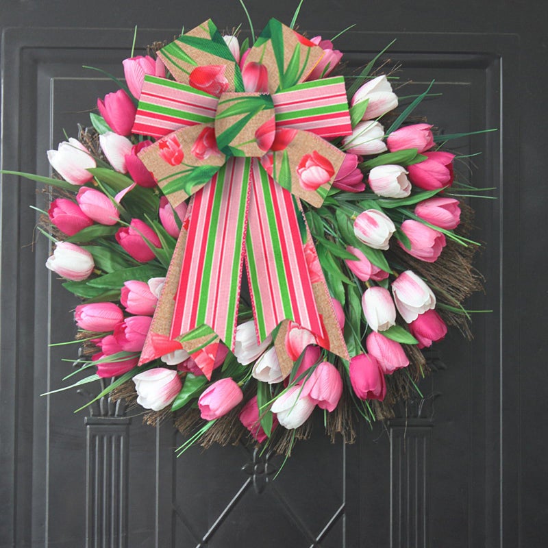 Threetols 2 Rolls 10 Yards Floral Wired Edge Ribbon, 2.5inch Pink Tulip Burlap Ribbon, Pink Green Stripe Gift Wrapping Ribbon for Farmhouse Party DIY Craft Spring Wreaths Bow Decoration - Image 5