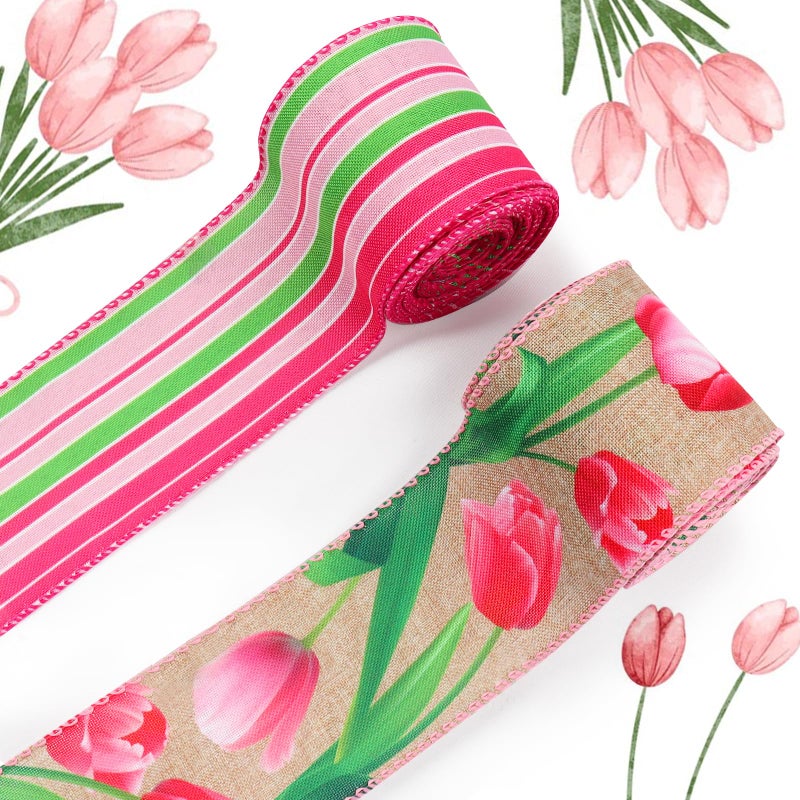 Threetols 2 Rolls 10 Yards Floral Wired Edge Ribbon, 2.5inch Pink Tulip Burlap Ribbon, Pink Green Stripe Gift Wrapping Ribbon for Farmhouse Party DIY Craft Spring Wreaths Bow Decoration - Image 1