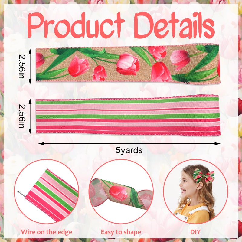 Threetols 2 Rolls 10 Yards Floral Wired Edge Ribbon, 2.5inch Pink Tulip Burlap Ribbon, Pink Green Stripe Gift Wrapping Ribbon for Farmhouse Party DIY Craft Spring Wreaths Bow Decoration - Image 2