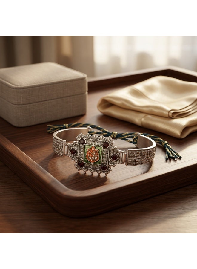 Traditional Ganesha Bracelet Rakhi for Men with Stone and Enamel Detailing, Puja Plate, Roli and Chawal – 1 Rakhi Set - Image 1