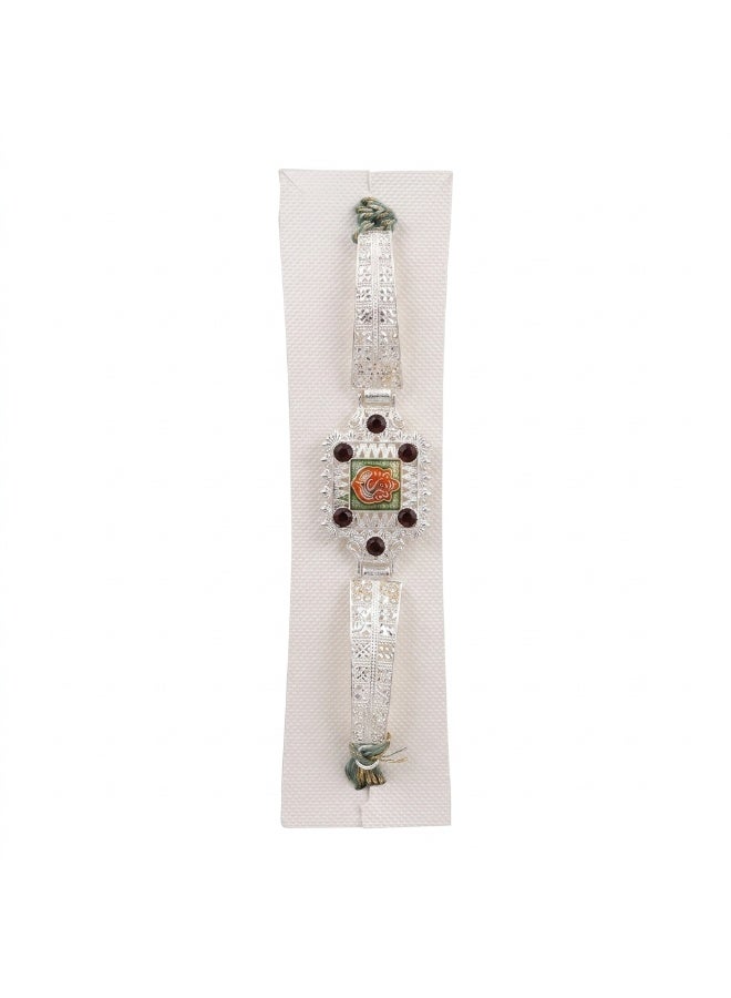 Traditional Ganesha Bracelet Rakhi for Men with Stone and Enamel Detailing, Puja Plate, Roli and Chawal – 1 Rakhi Set - Image 3