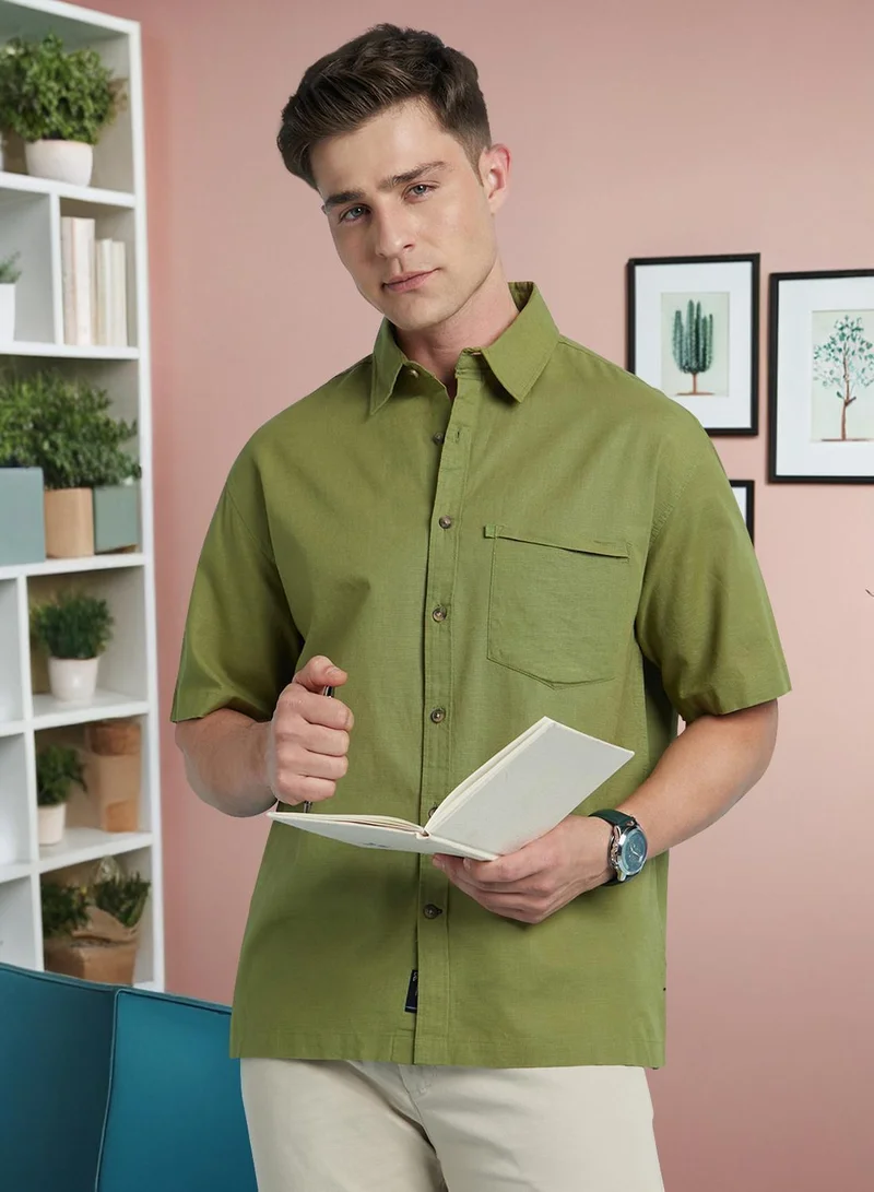 Dennis Lingo Men's Green 100% Cotton Textured Button Down Relaxed Shirt