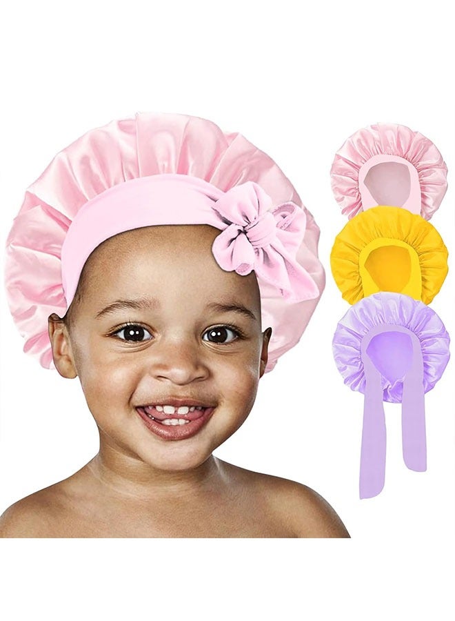 meayul 3 Pcs Kids Silk Bonnet for Sleeping, Baby Hair Bonnet for Sleeping, Kids Satin Bonnets for Girls with Adjustable Wide Elastic Band, Sleeping Cap for Teens Toddler Child Curly Hair (Pink+Purple+Yellow)  - Image 1