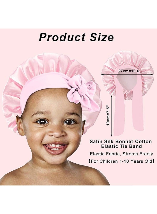 meayul 3 Pcs Kids Silk Bonnet for Sleeping, Baby Hair Bonnet for Sleeping, Kids Satin Bonnets for Girls with Adjustable Wide Elastic Band, Sleeping Cap for Teens Toddler Child Curly Hair (Pink+Purple+Yellow)  - Image 2