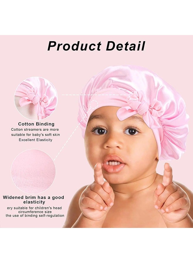 meayul 3 Pcs Kids Silk Bonnet for Sleeping, Baby Hair Bonnet for Sleeping, Kids Satin Bonnets for Girls with Adjustable Wide Elastic Band, Sleeping Cap for Teens Toddler Child Curly Hair (Pink+Purple+Yellow)  - Image 3