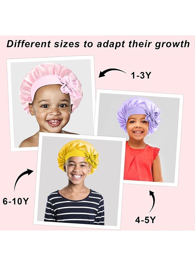 meayul 3 Pcs Kids Silk Bonnet for Sleeping, Baby Hair Bonnet for Sleeping, Kids Satin Bonnets for Girls with Adjustable Wide Elastic Band, Sleeping Cap for Teens Toddler Child Curly Hair (Pink+Purple+Yellow)  - Image 5