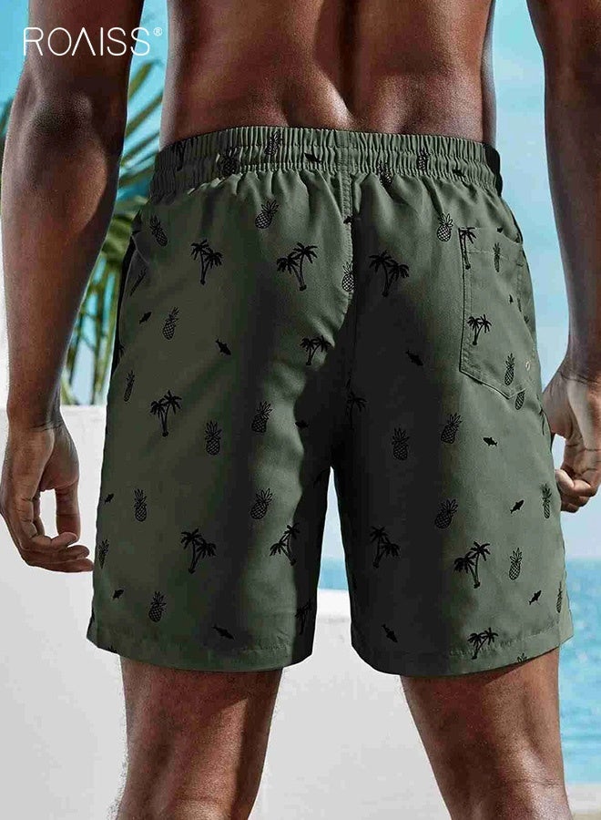 roaiss Men's Beach Shorts with Coconut Tree Print Casual Loose Fit Stretch Quick Dry Swim Trunks for Summer Gym Sports Vacation Outdoor Lounge Comfortable Lightweight Athletic Shorts in Army Green  - Image 4