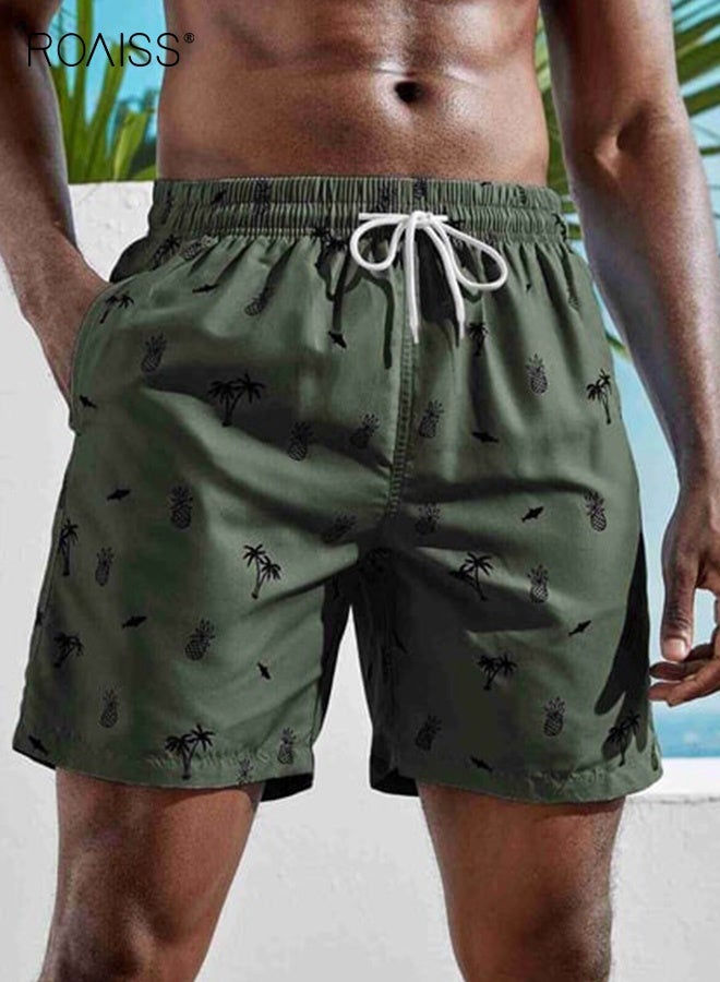 roaiss Men's Beach Shorts with Coconut Tree Print Casual Loose Fit Stretch Quick Dry Swim Trunks for Summer Gym Sports Vacation Outdoor Lounge Comfortable Lightweight Athletic Shorts in Army Green  - Image 1