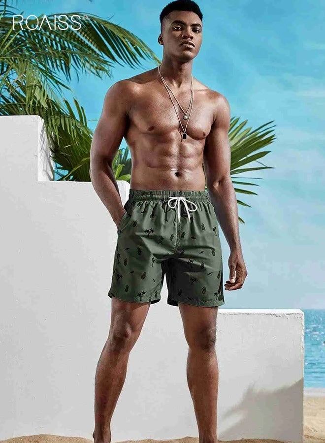 roaiss Men's Beach Shorts with Coconut Tree Print Casual Loose Fit Stretch Quick Dry Swim Trunks for Summer Gym Sports Vacation Outdoor Lounge Comfortable Lightweight Athletic Shorts in Army Green  - Image 2