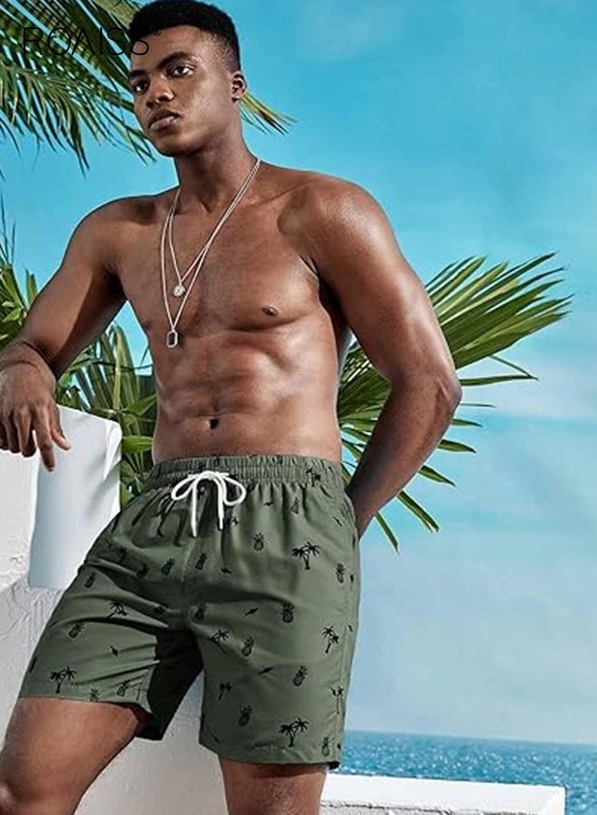 roaiss Men's Beach Shorts with Coconut Tree Print Casual Loose Fit Stretch Quick Dry Swim Trunks for Summer Gym Sports Vacation Outdoor Lounge Comfortable Lightweight Athletic Shorts in Army Green  - Image 5