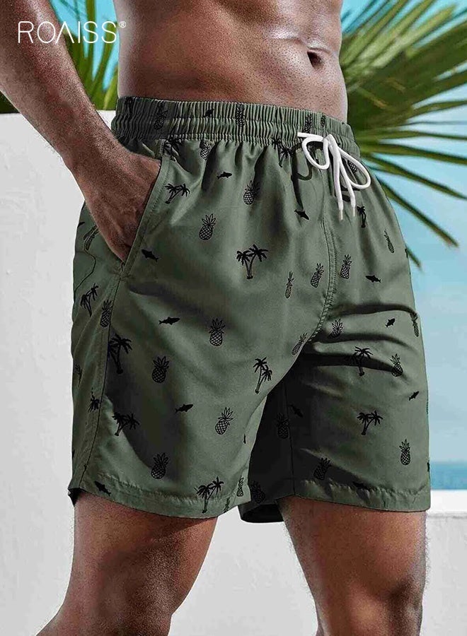 roaiss Men's Beach Shorts with Coconut Tree Print Casual Loose Fit Stretch Quick Dry Swim Trunks for Summer Gym Sports Vacation Outdoor Lounge Comfortable Lightweight Athletic Shorts in Army Green  - Image 3