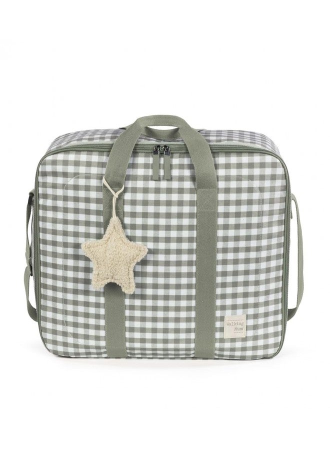 Walking Mum Caetana Checked Baby Suitcase - Stylish and Practical Maternity Bag with Lined Interior, Two-Way Zipper, Elastic Bands, Shoulder & Hand Straps - Green
