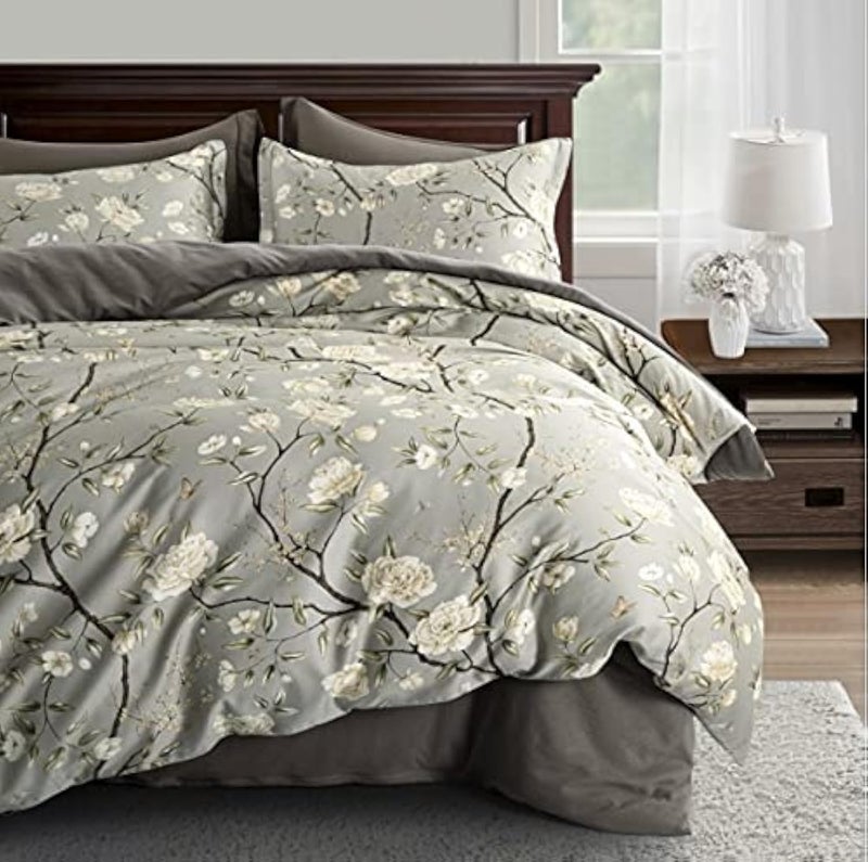 Eikei Cottage Bloom Garden Duvet Cover Set French Country Provincial Chic Floral Birds Bedding Peony Blossom Tree Branches Grey Olive Queen