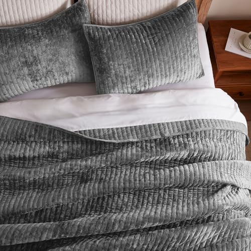 LEAONME Velvet Quilt King Size 98''x106'', Lightweight Grey Velvet Comforter Set with 2 Matching Shams, Soft Cross Stitch Bedspread Coverlet Bedding Set for All Season - Image 4