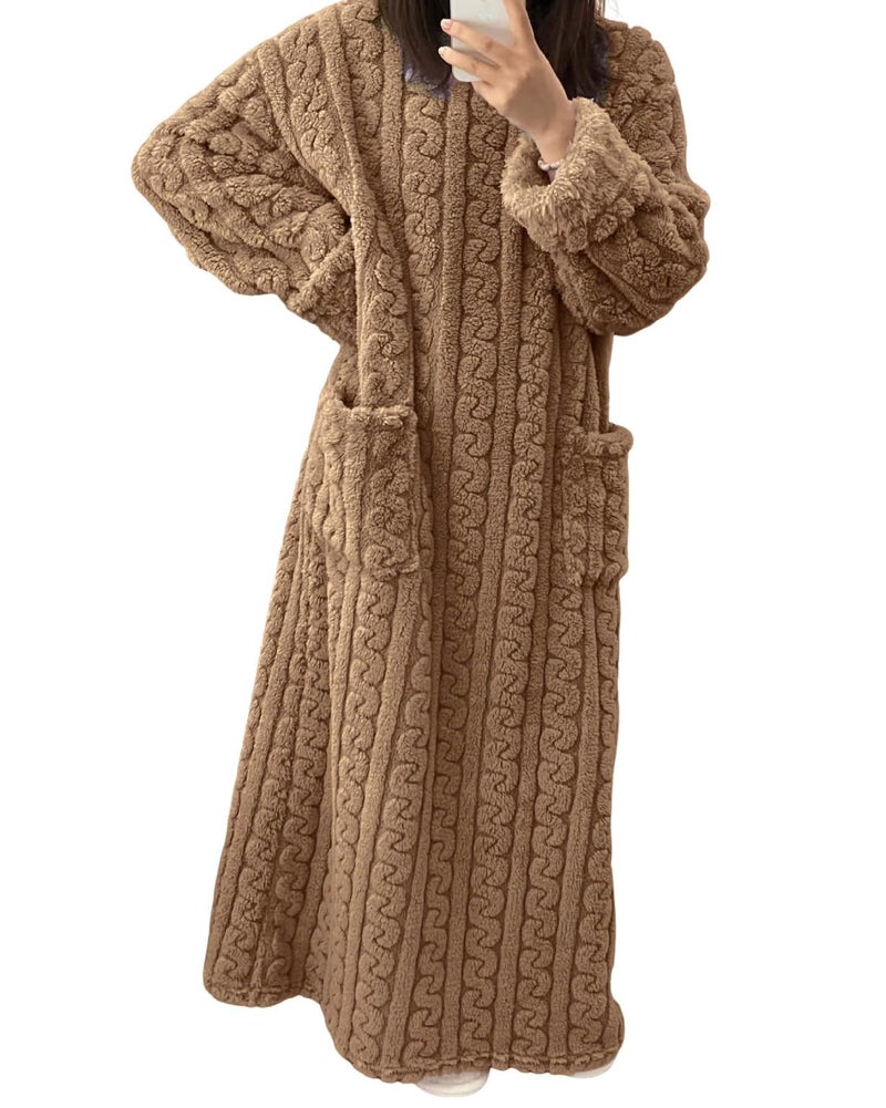 codcm Fleece Nightgown for Women Cozy Plush Long Sleeve Night Gowns Winter Warm Lounge Dress(Coffee,Large) - Image 1