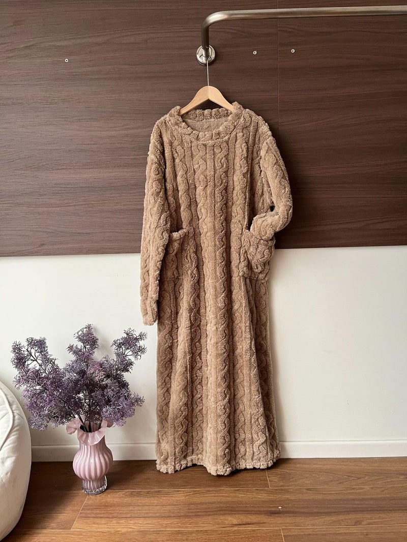 codcm Fleece Nightgown for Women Cozy Plush Long Sleeve Night Gowns Winter Warm Lounge Dress(Coffee,Large) - Image 3