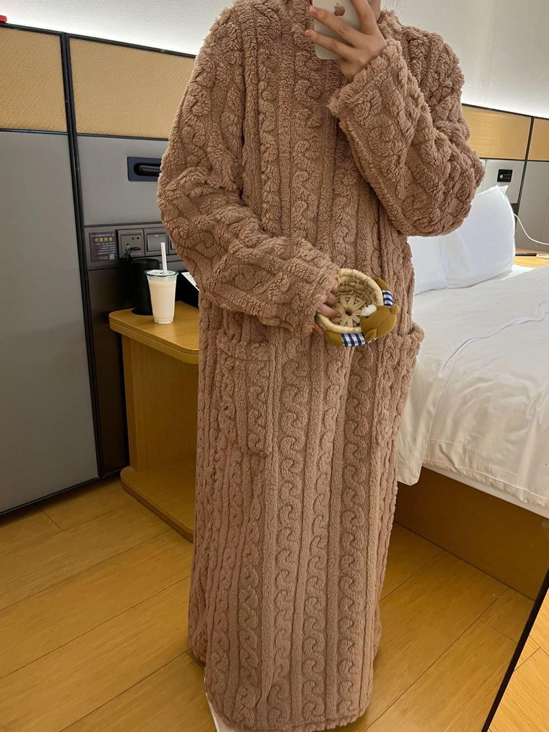 codcm Fleece Nightgown for Women Cozy Plush Long Sleeve Night Gowns Winter Warm Lounge Dress(Coffee,Large) - Image 2