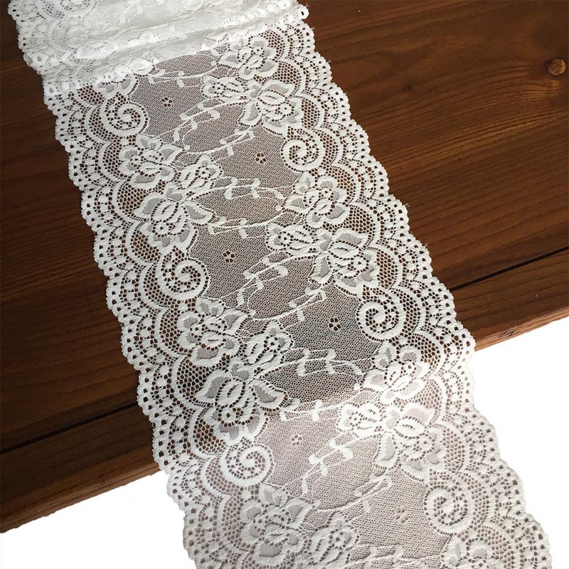 7 Inch Wide Floral Stretchy Lace Elastic Trim Fabric for Garment DIY Craft Supply 5 Yards White