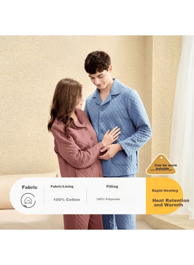 MEIBIAO American Standard Winter Couple Long Sleeve Air Layer Pure Cotton Pajamas Women Warm Men Homewear Set Diving Blue L - Image 2