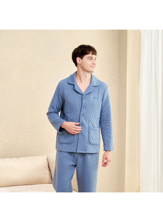 MEIBIAO American Standard Winter Couple Long Sleeve Air Layer Pure Cotton Pajamas Women Warm Men Homewear Set Diving Blue L - Image 1