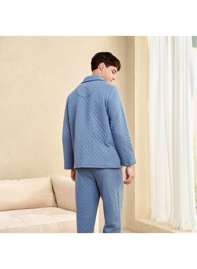 MEIBIAO American Standard Winter Couple Long Sleeve Air Layer Pure Cotton Pajamas Women Warm Men Homewear Set Diving Blue L - Image 3