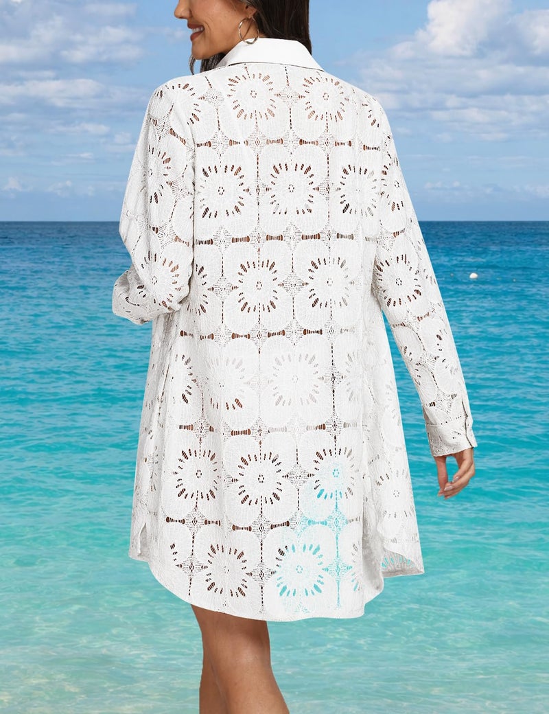 CiCiBird Women Swimsuit Coverup Blouse Lace Eyelet Bathing Suit Cover Up Button Down Shirtdress Long Sleeve Beach Dresses White M - Image 5