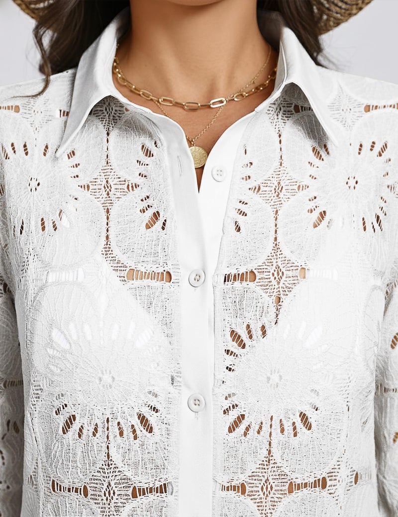 CiCiBird Women Swimsuit Coverup Blouse Lace Eyelet Bathing Suit Cover Up Button Down Shirtdress Long Sleeve Beach Dresses White M - Image 4