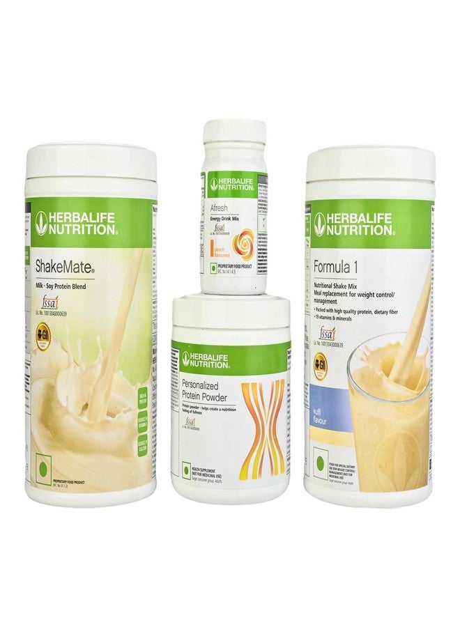 HERBALIFE Formula 1 Shake Kulfi Flavor 500g, Protein 200g, Afresh Peach 50g, Shakemate Nutrition Drink 500g (Pack of 4) - Image 1